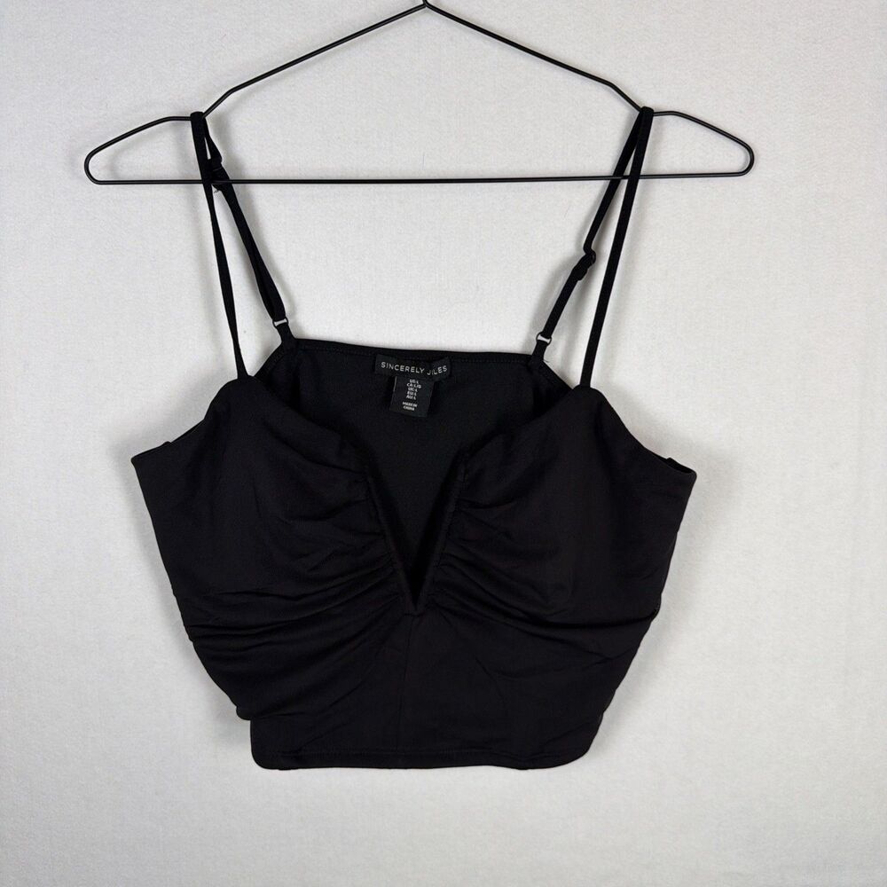 Sincerely Jules Womens Sz L Black Crop Top Corset Bustier V-Neck Satin Smocked